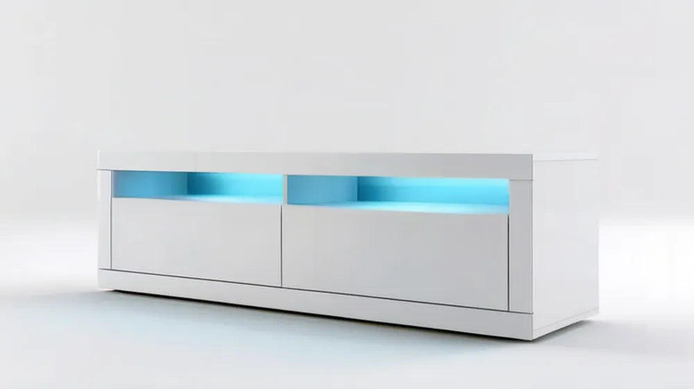 Biała szafka RTV z oświetleniem LED, 2 szuflady, 180 × 40 × 45 cm
