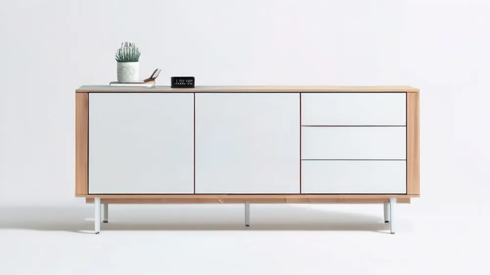 Kredens z płyty MDF biały/jasny dąb, 160 x 40 x 80 cm, 2 drzwi i 3 szuflady