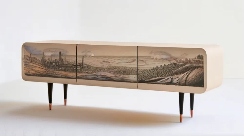 Kremowa szafka RTV z grafiką krajobrazu, 180 x 45 x 75 cm