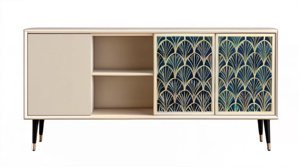 Kremowo-granatowa szafka RTV Art Déco ze szklanymi frontami 160 x 40 x 75 cm