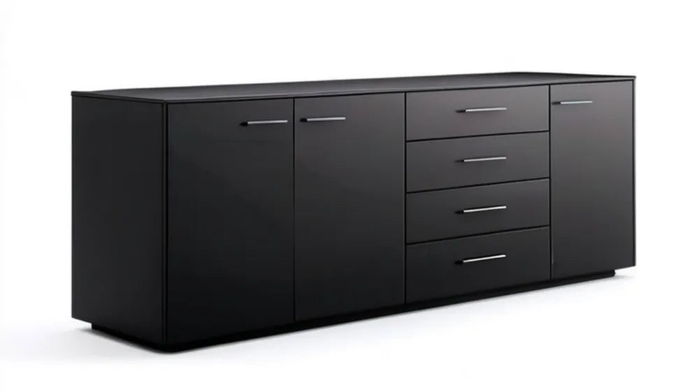 Czarna komoda z płyty laminowanej 200 x 40 x 75 cm, 4 szuflady i 3 drzwi