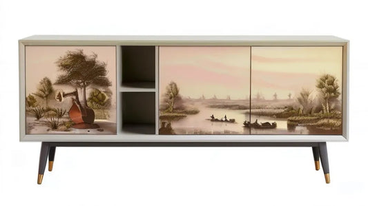 Biała komoda RTV z dekoracją krajobrazu 160 x 40 x 80 cm