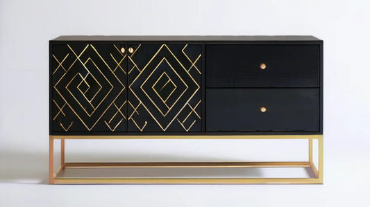 Czarny mebel z geometrycznym złotym wzorem, 160 x 40 x 85 cm