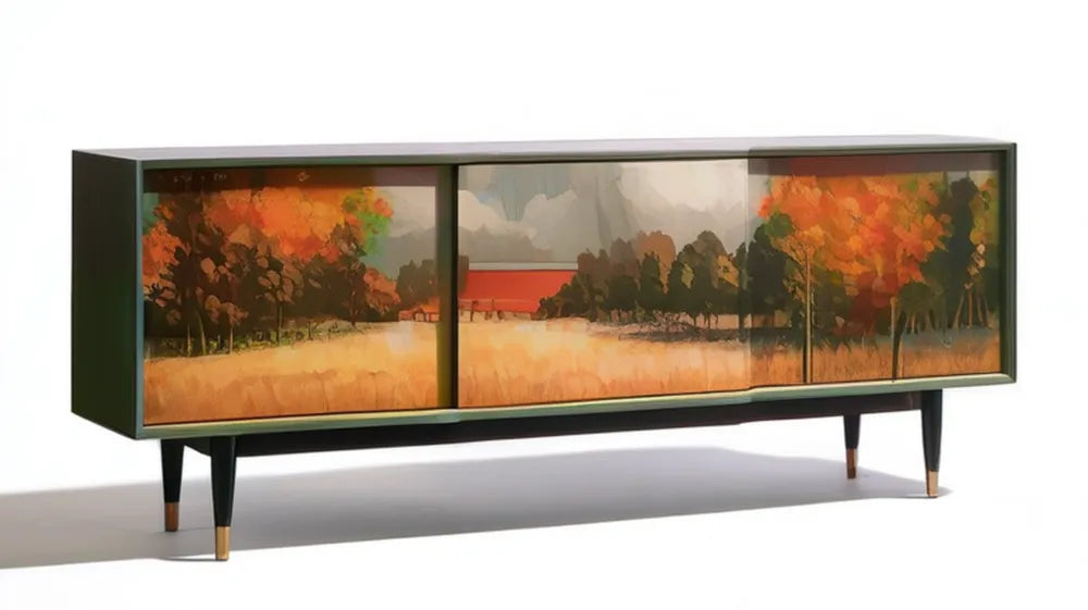 Szafka RTV retro z nadrukiem jesiennego krajobrazu, czarna, 160 x 40 x 65 cm