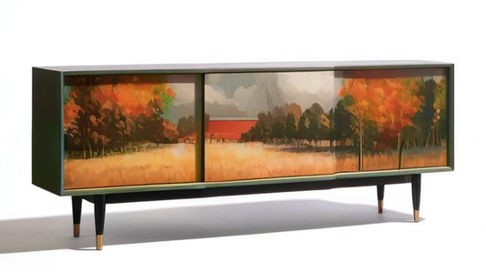 Szafka RTV retro z nadrukiem jesiennego krajobrazu, czarna, 160 x 40 x 65 cm