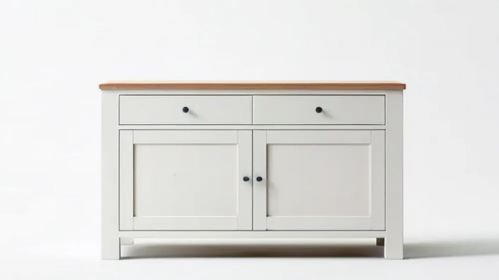 Biała komoda MDF z blatem w dekorze dębu, 120 x 40 x 85 cm