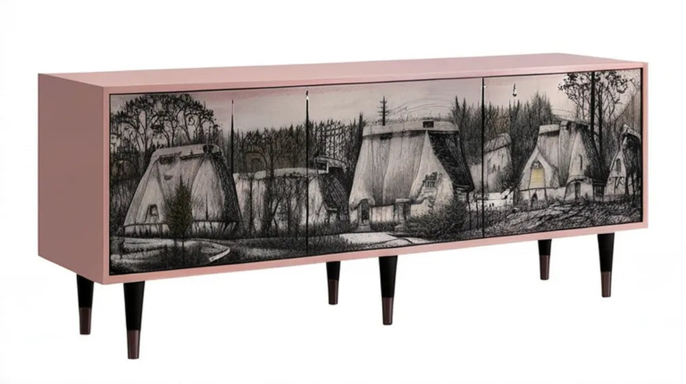 Różowa szafka RTV w stylu vintage z nadrukiem, 180 x 40 x 75 cm