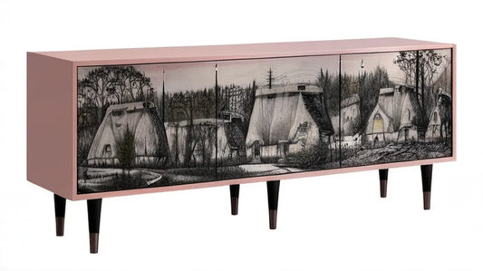 Różowa szafka RTV w stylu vintage z nadrukiem, 180 x 40 x 75 cm