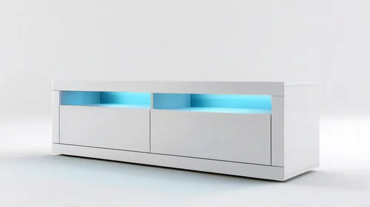 Biała szafka RTV z oświetleniem LED, 2 szuflady, 180 × 40 × 45 cm