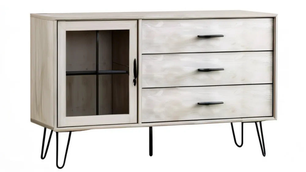 Biało-beżowy mebel 120 × 40 × 80 cm z 3 szufladami, przeszklonymi drzwiczkami i czarnymi nogami