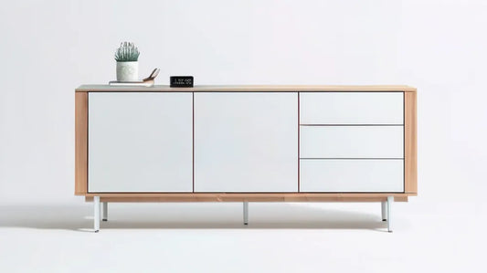 Kredens z płyty MDF biały/jasny dąb, 160 x 40 x 80 cm, 2 drzwi i 3 szuflady