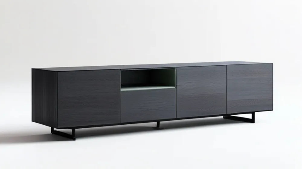 Czarny kredens MDF 180 x 40 x 60 cm z 4 frontami i otwartą wnęką