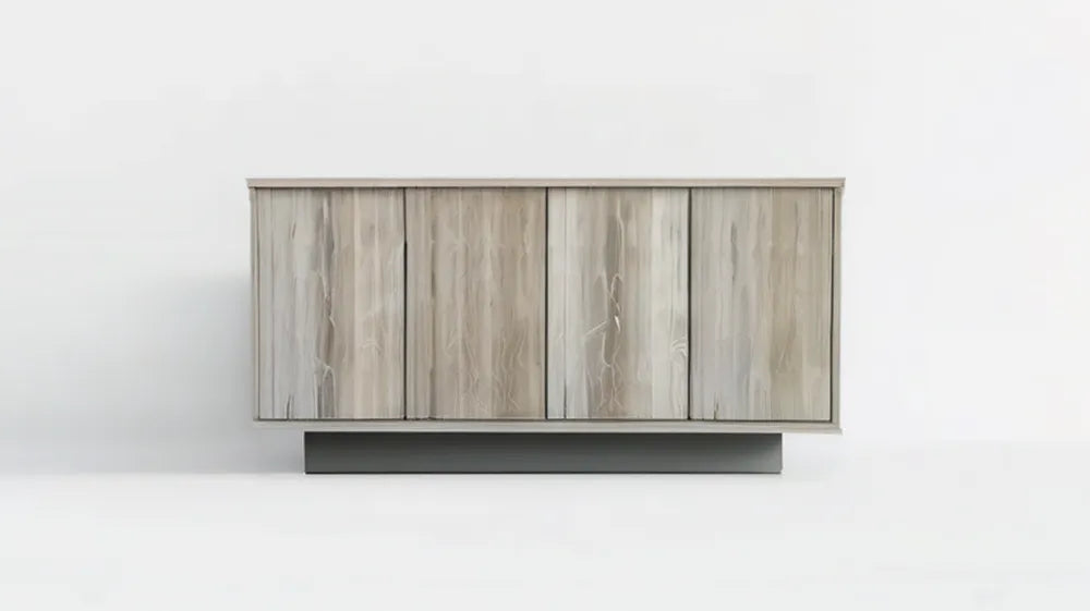 Czterodrzwiowy kredens z płyty MDF w kolorze szarego dębu z antracytową podstawą, 160 x 40 x 80 cm