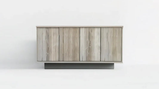 Czterodrzwiowy kredens z płyty MDF w kolorze szarego dębu z antracytową podstawą, 160 x 40 x 80 cm