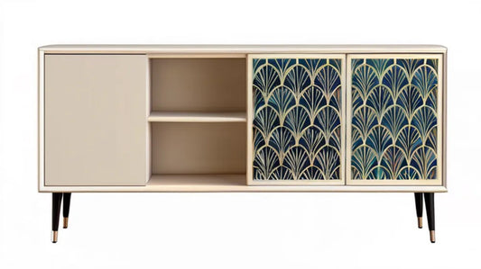 Kremowo-granatowa szafka RTV Art Déco ze szklanymi frontami 160 x 40 x 75 cm