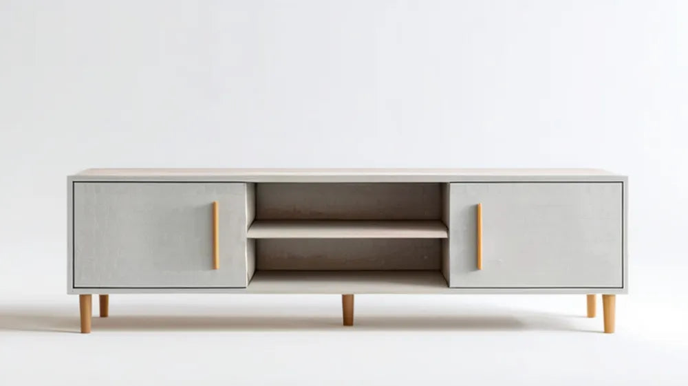 Prostokątna szafka RTV z płyty MDF, jasnoszara z naturalnym bukiem, 160 × 40 × 55 cm