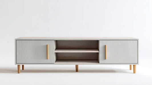 Prostokątna szafka RTV z płyty MDF, jasnoszara z naturalnym bukiem, 160 × 40 × 55 cm