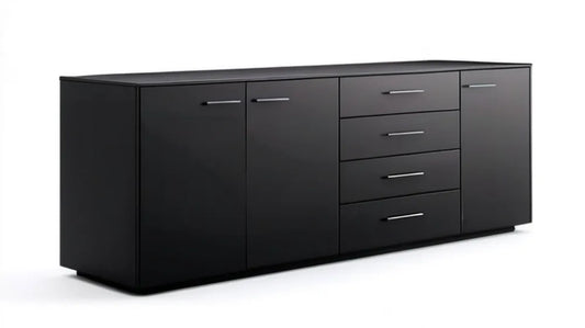 Czarna komoda z płyty laminowanej 200 x 40 x 75 cm, 4 szuflady i 3 drzwi