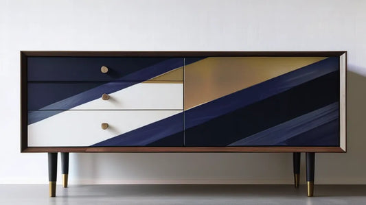 Granatowo-biała komoda MDF ze złotymi detalami 160 x 40 x 80 cm