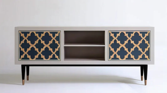 Szara szafka RTV z granatowo-złotym ornamentem, 160 x 40 x 75 cm